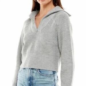 WAYF Nelle Half Zip Cropped Sweater Gray Ribbed Knit Women’s Size Small